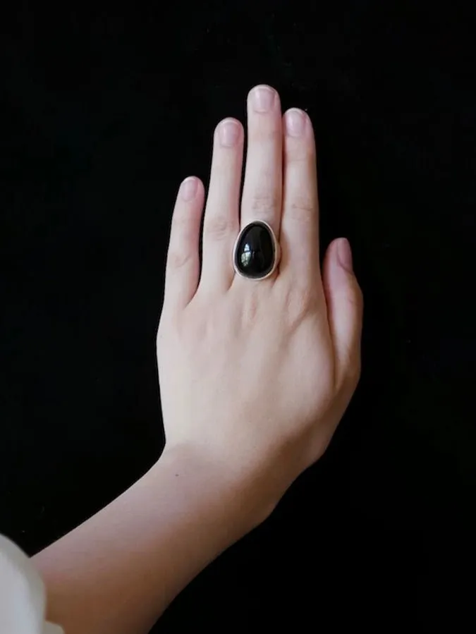 Black Agate Gray White Chalcedony Oval Egg Sterling Silver Ring