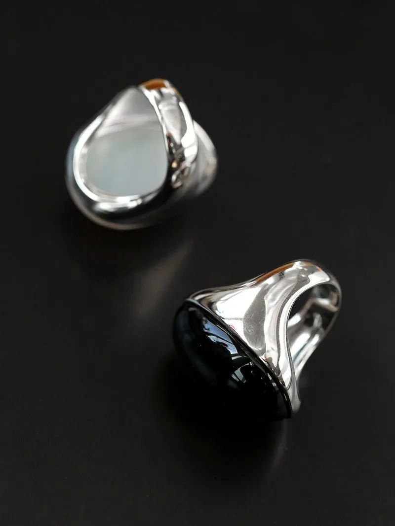 Black Agate Gray White Chalcedony Oval Egg Sterling Silver Ring