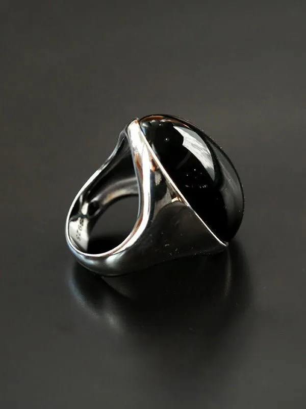 Black Agate Gray White Chalcedony Oval Egg Sterling Silver Ring