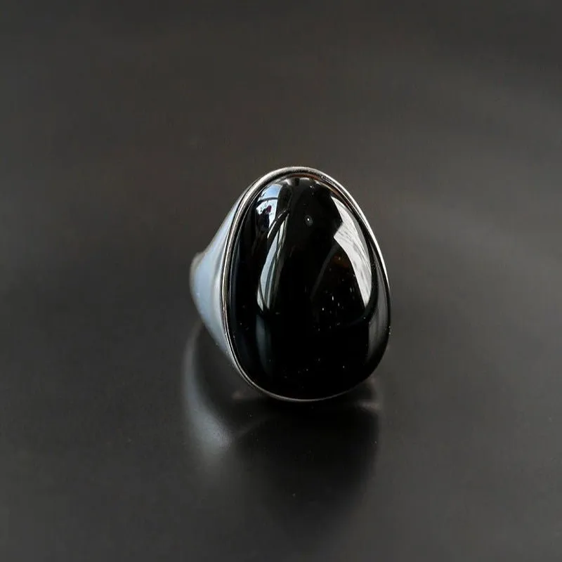 Black Agate Gray White Chalcedony Oval Egg Sterling Silver Ring