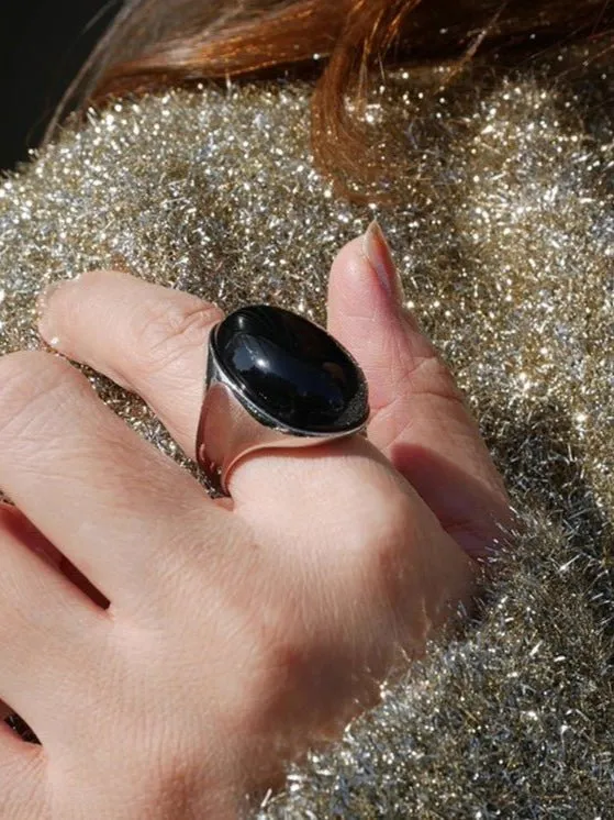 Black Agate Gray White Chalcedony Oval Egg Sterling Silver Ring