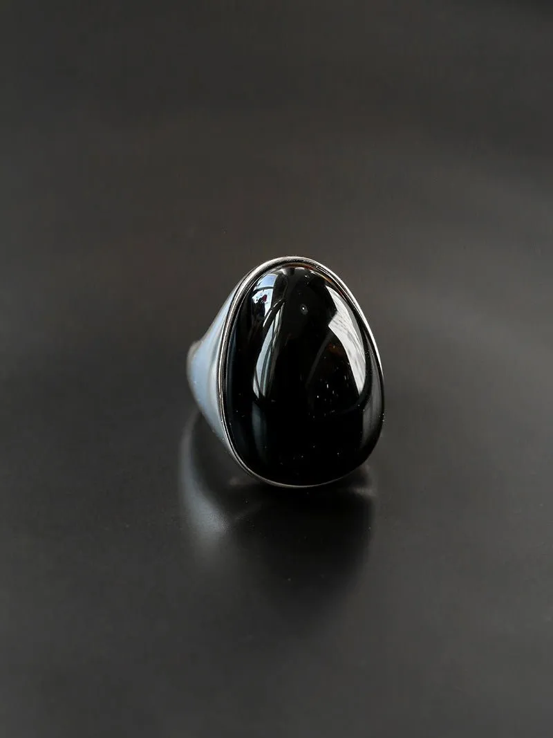 Black Agate Gray White Chalcedony Oval Egg Sterling Silver Ring