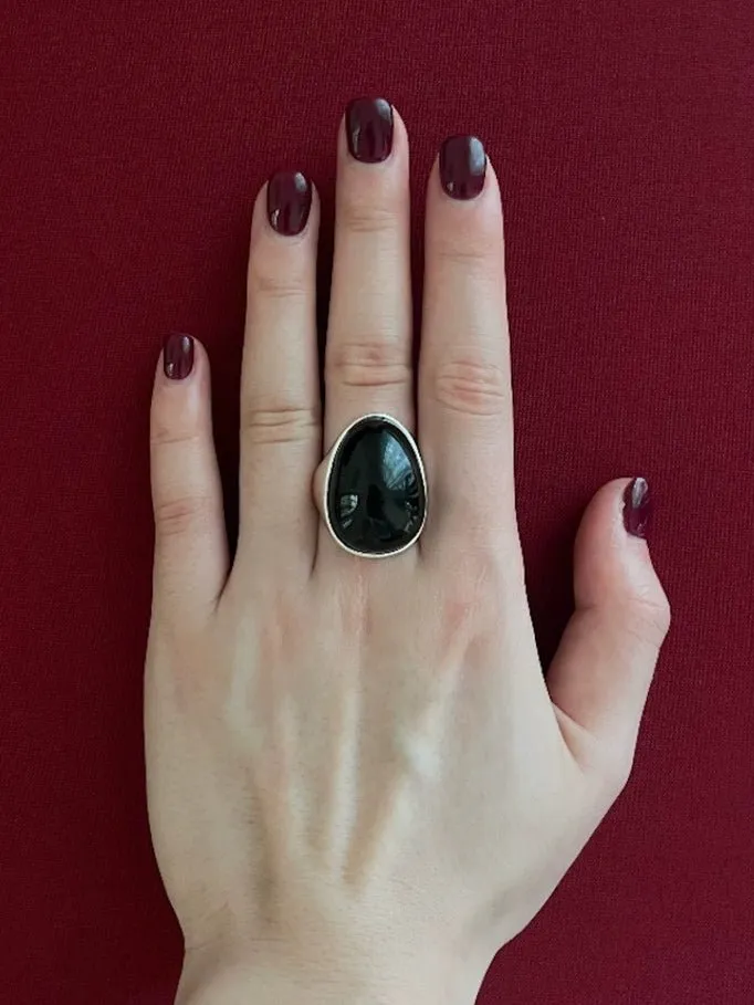 Black Agate Gray White Chalcedony Oval Egg Sterling Silver Ring