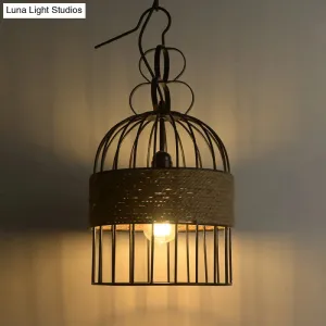 Black Vintage Birdcage Pendant Lamp with Hemp Rope