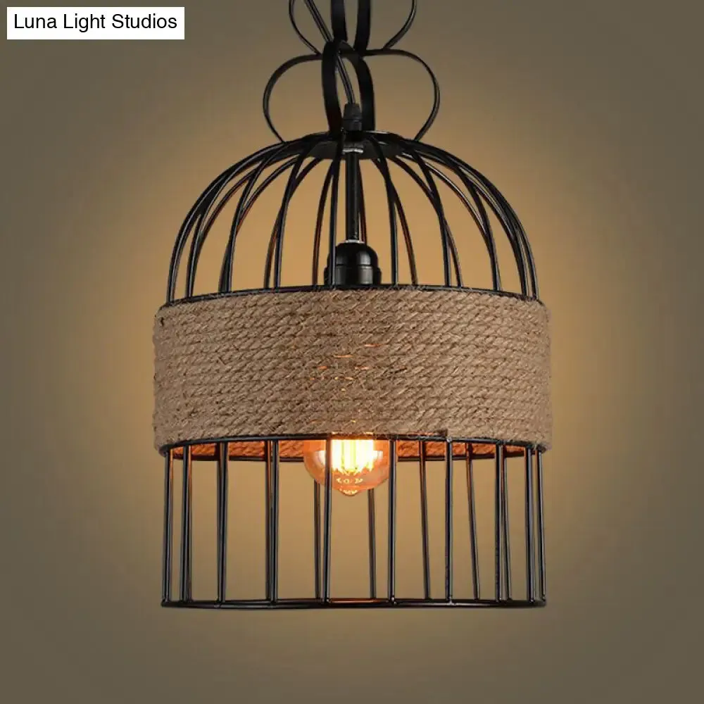 Black Vintage Birdcage Pendant Lamp with Hemp Rope