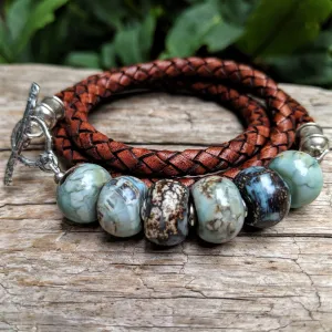 Blue Agate Gemstone & Leather Wrap Bracelet