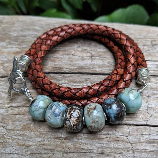 Blue Agate Gemstone & Leather Wrap Bracelet