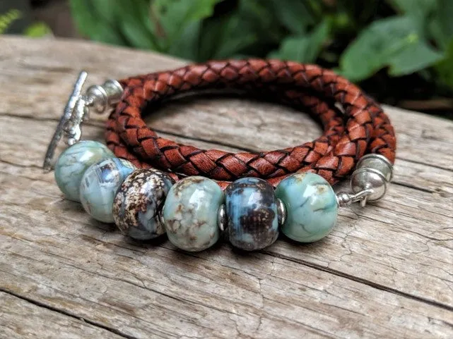 Blue Agate Gemstone & Leather Wrap Bracelet