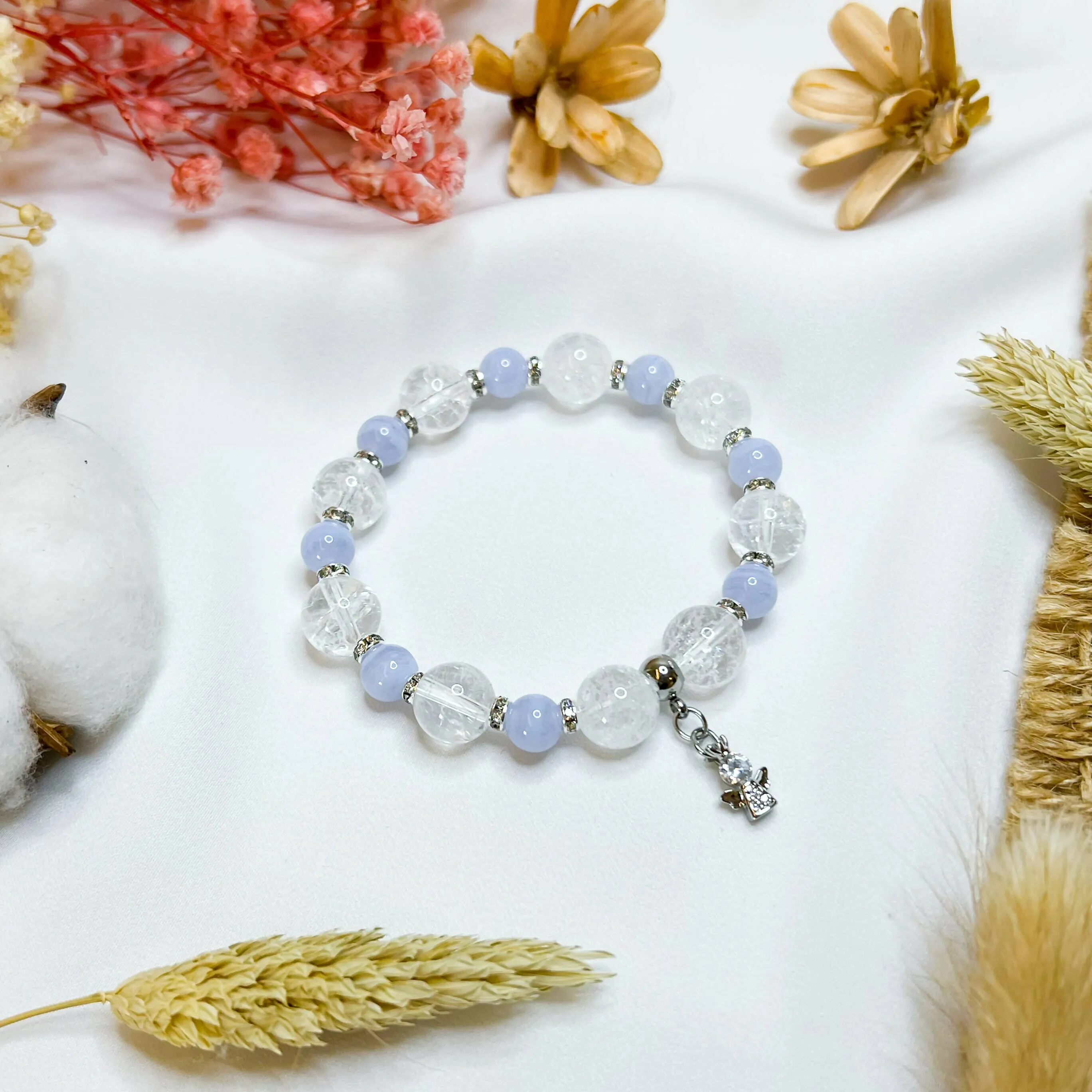 Blue Lace Agate x Frosted Quartz (S925 Mini Angel Charm) Crystal Bracelet