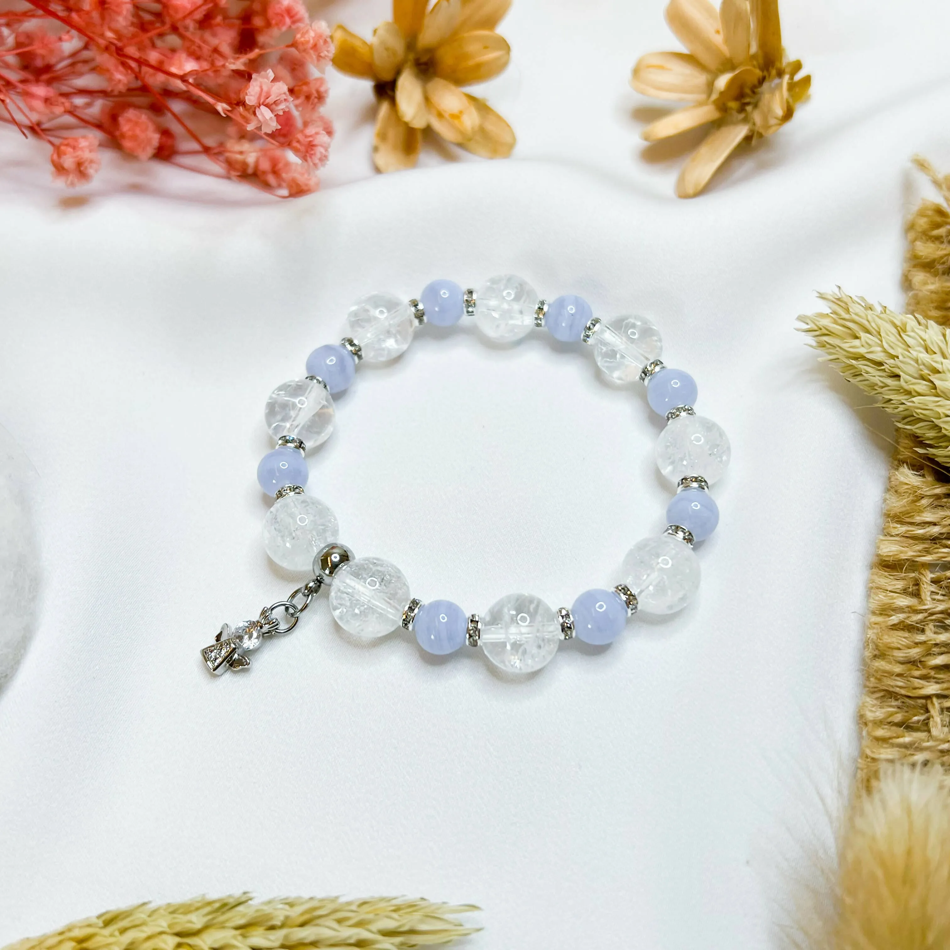 Blue Lace Agate x Frosted Quartz (S925 Mini Angel Charm) Crystal Bracelet