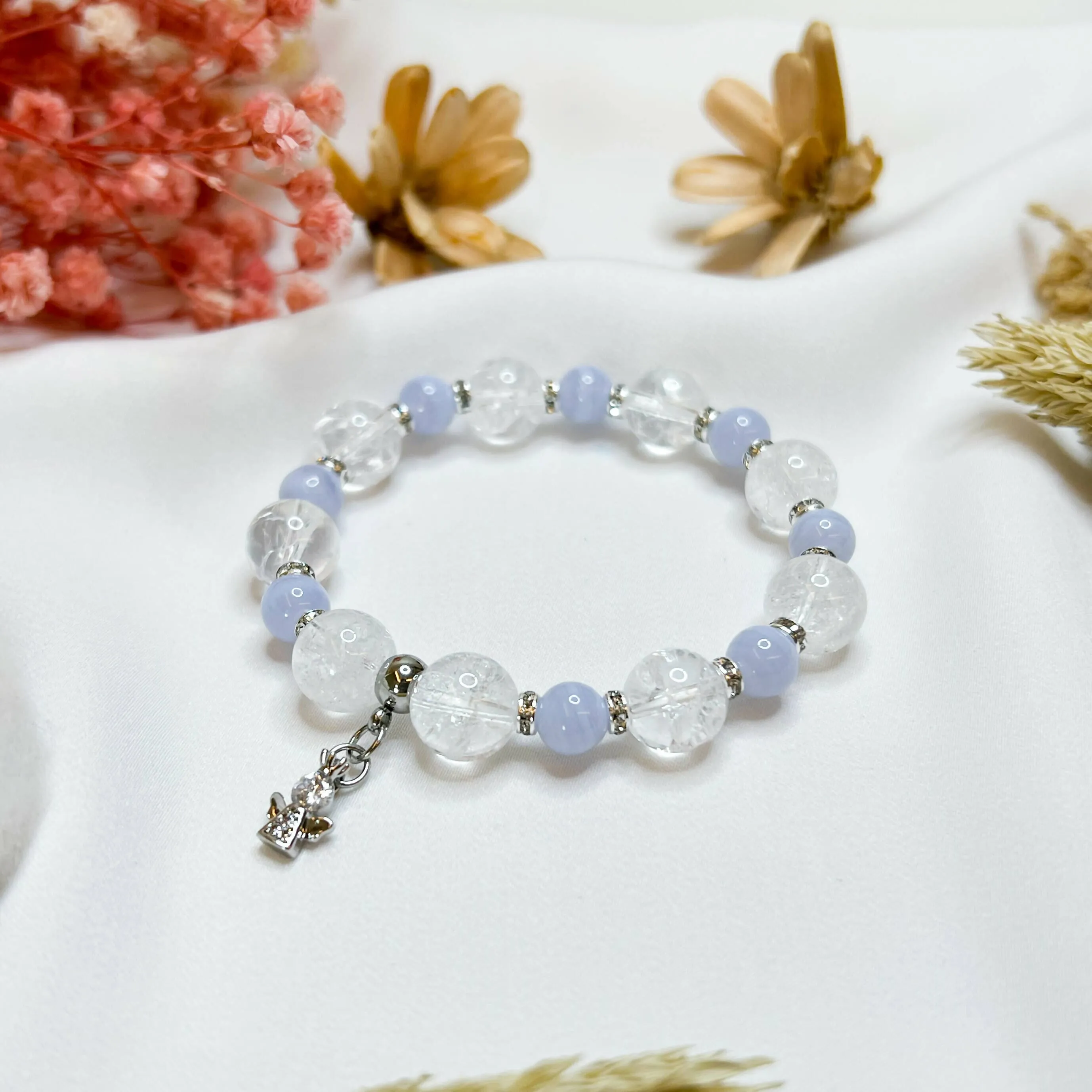 Blue Lace Agate x Frosted Quartz (S925 Mini Angel Charm) Crystal Bracelet