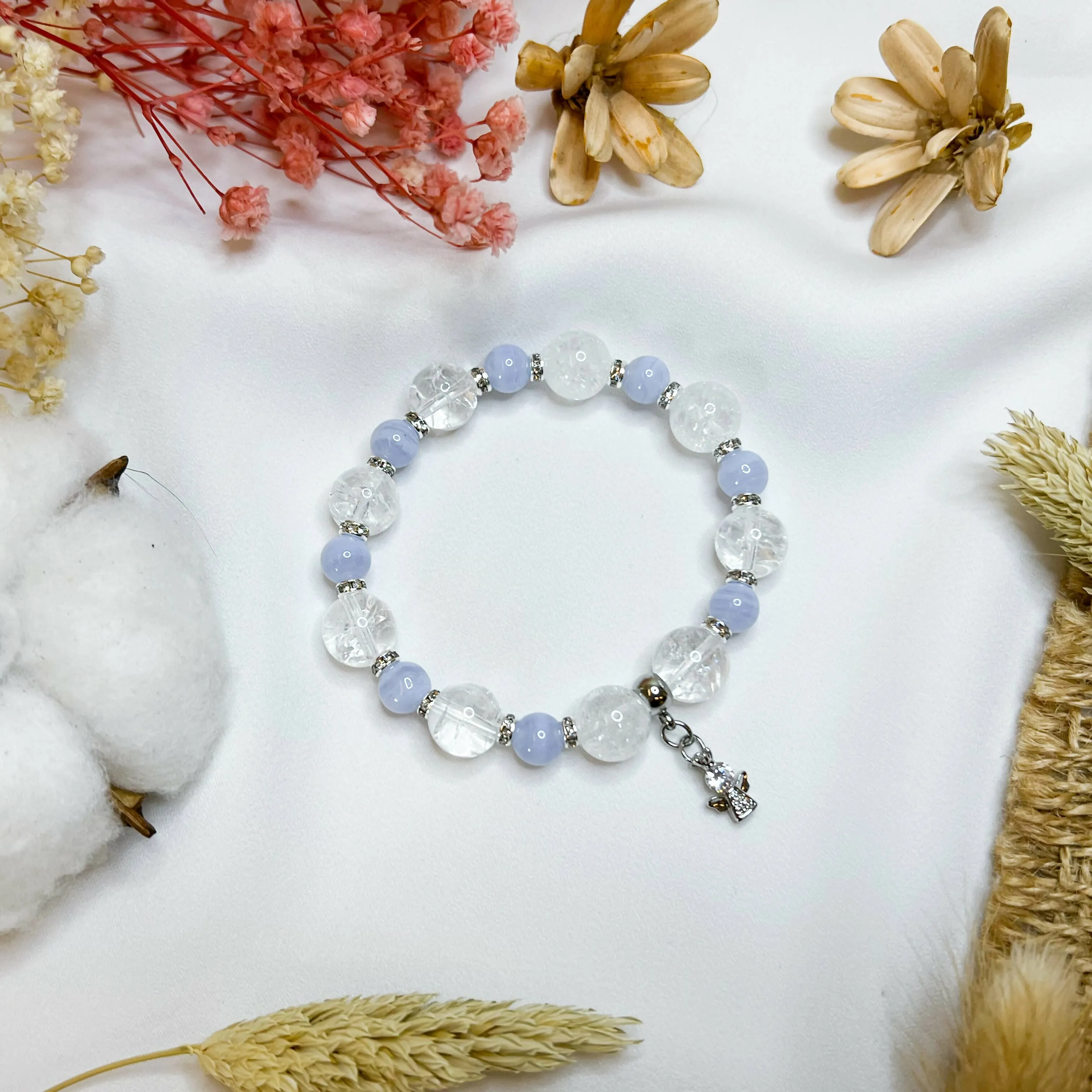 Blue Lace Agate x Frosted Quartz (S925 Mini Angel Charm) Crystal Bracelet