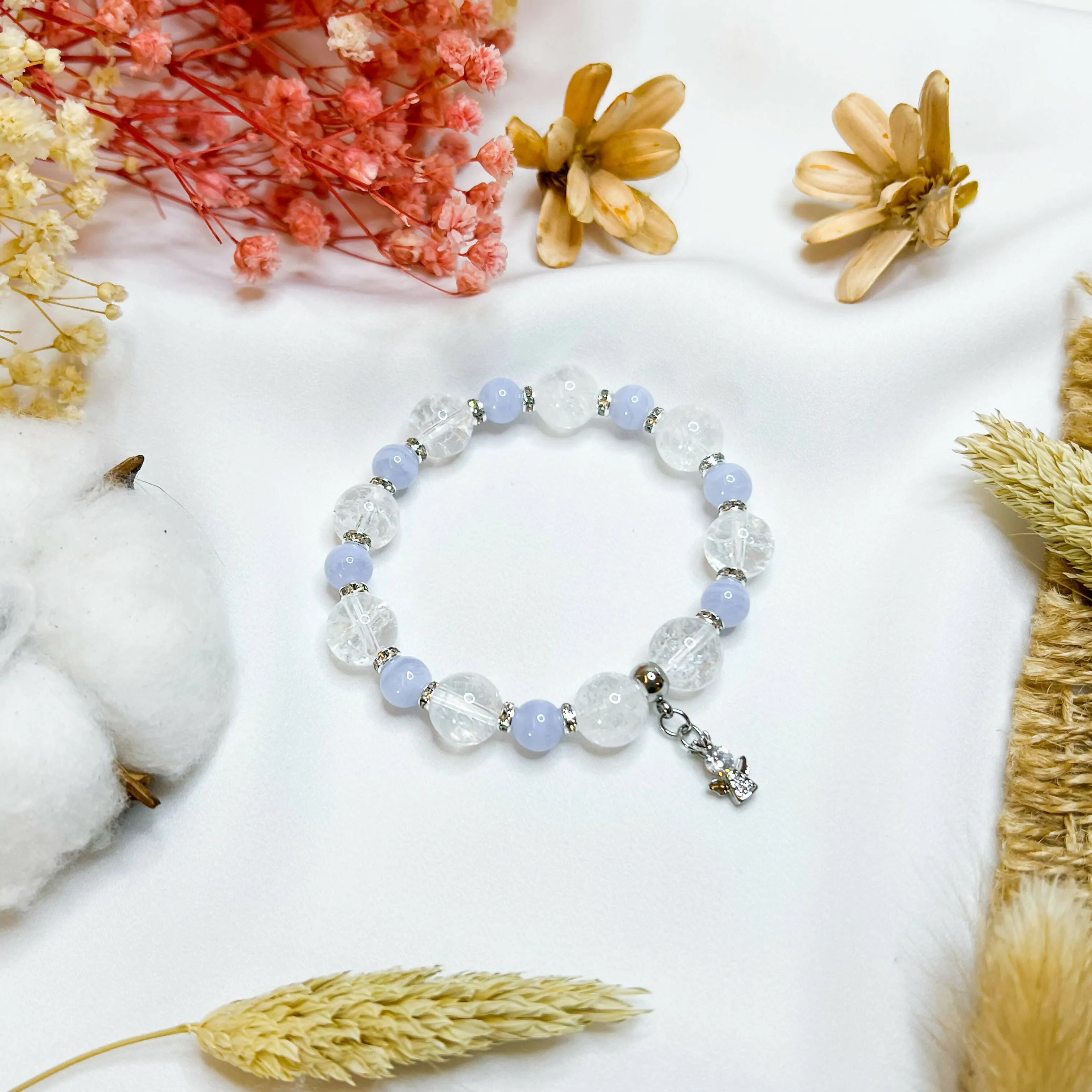 Blue Lace Agate x Frosted Quartz (S925 Mini Angel Charm) Crystal Bracelet