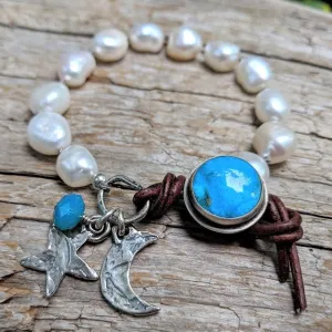 Boho Baroque Pearl & Turquoise Celestial Moon Bracelet