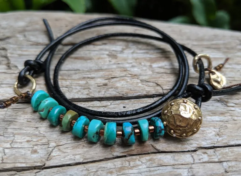 Boho Natural Turquoise Black Leather Wrap Bracelet