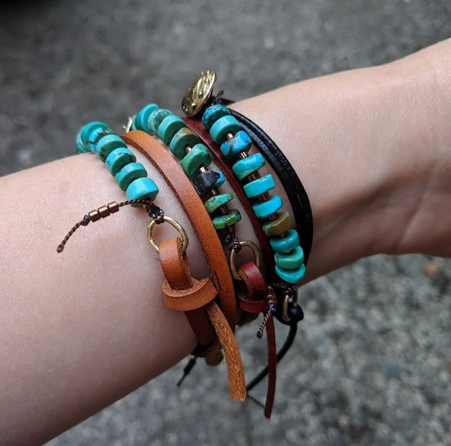 Boho Natural Turquoise Black Leather Wrap Bracelet