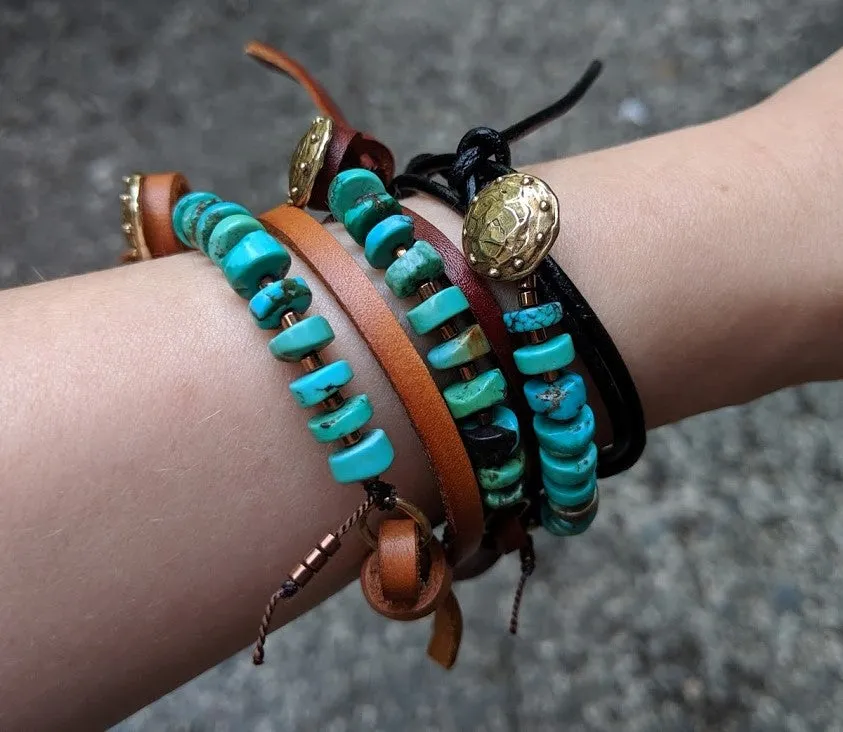 Boho Natural Turquoise Black Leather Wrap Bracelet