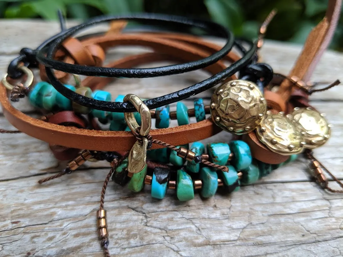 Boho Natural Turquoise Black Leather Wrap Bracelet