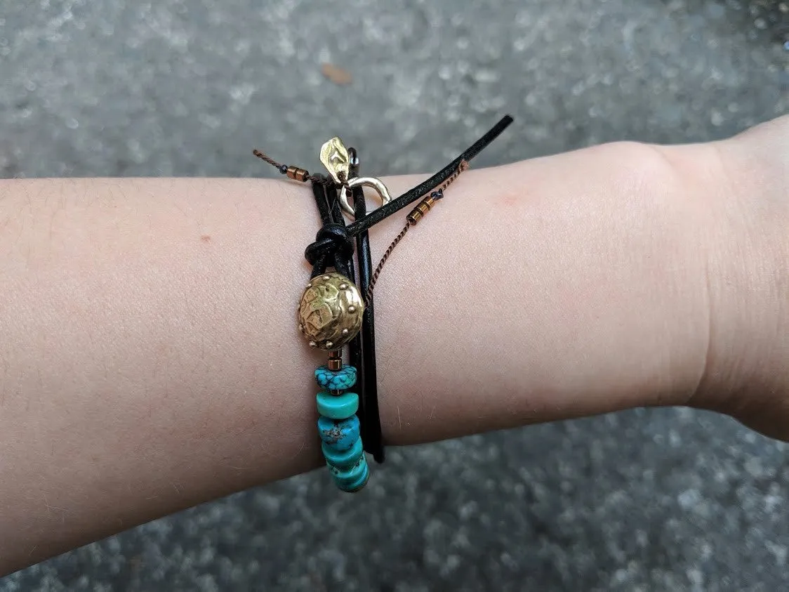 Boho Natural Turquoise Black Leather Wrap Bracelet