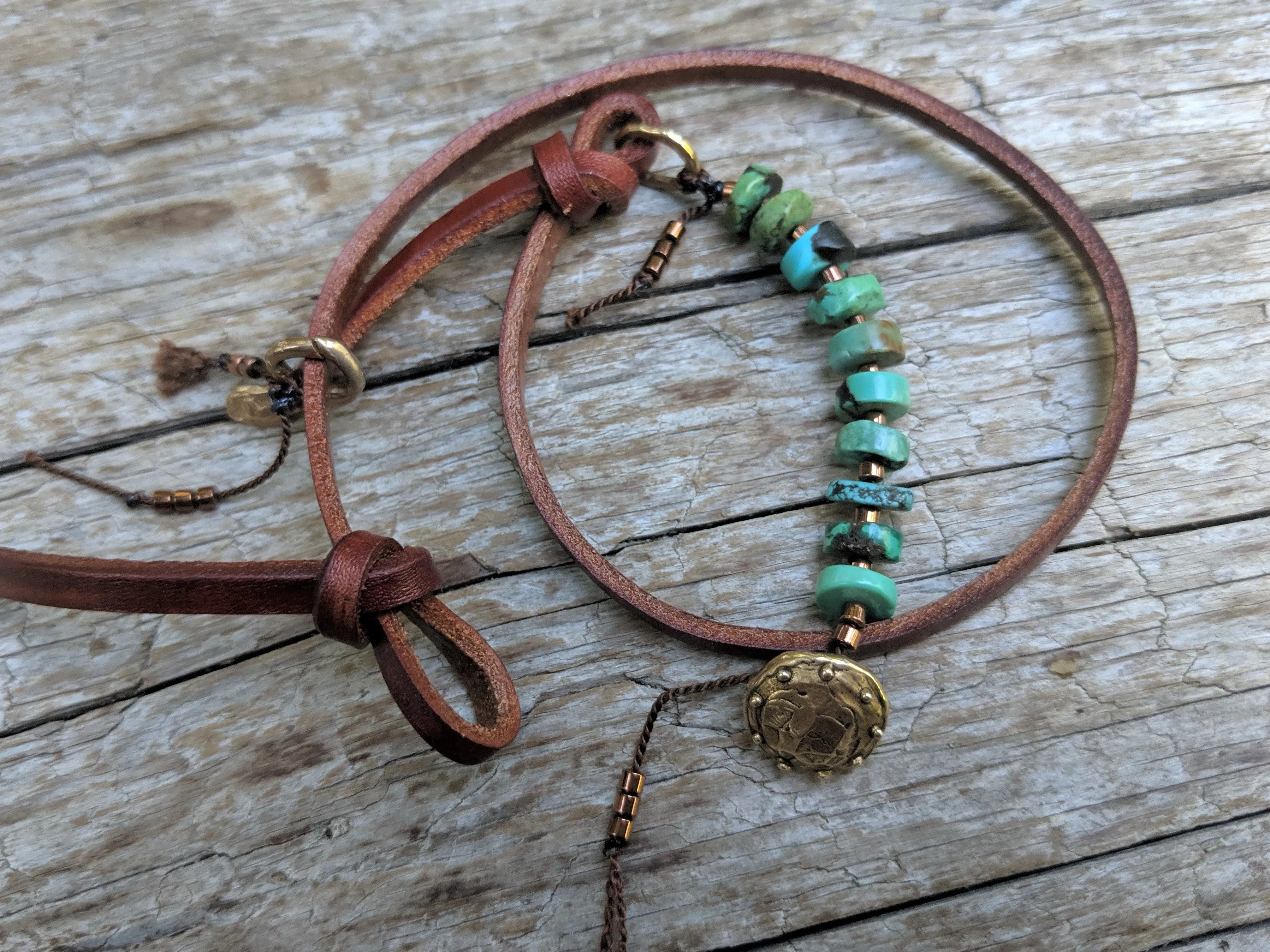 Boho Natural Turquoise Dark Brown Leather Wrap Bracelet