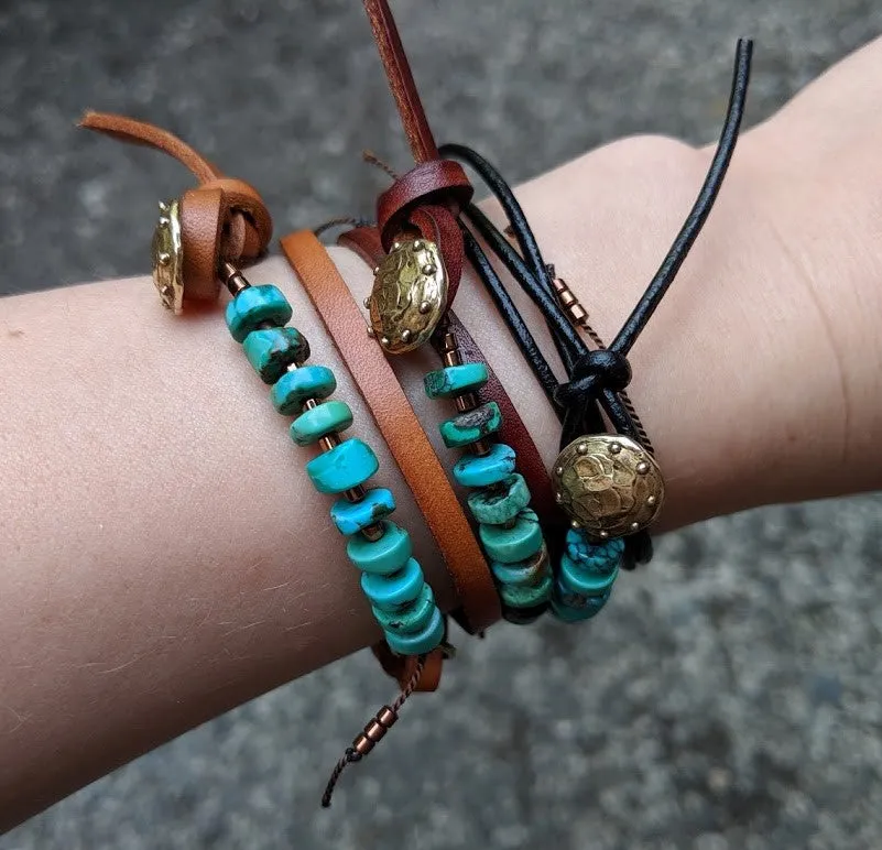 Boho Natural Turquoise Dark Brown Leather Wrap Bracelet