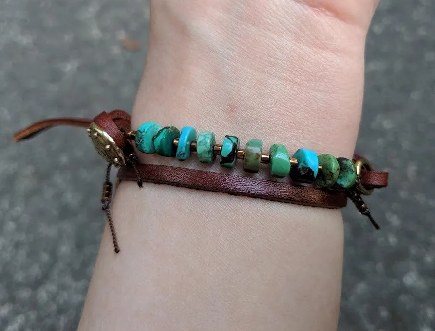 Boho Natural Turquoise Dark Brown Leather Wrap Bracelet