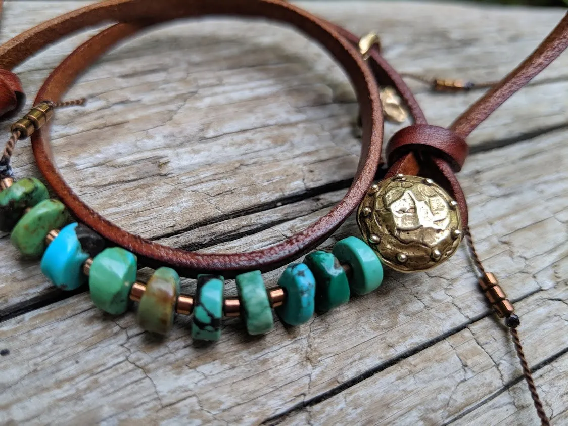 Boho Natural Turquoise Dark Brown Leather Wrap Bracelet