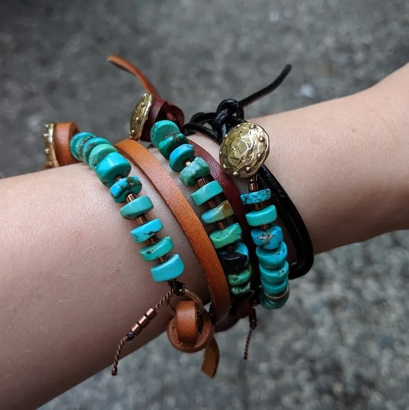 Boho Natural Turquoise Dark Brown Leather Wrap Bracelet