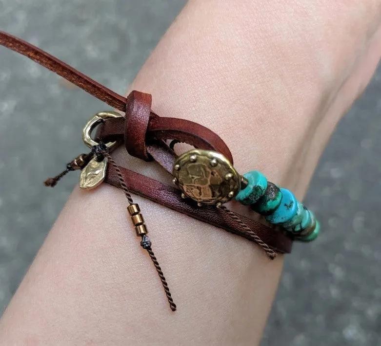 Boho Natural Turquoise Dark Brown Leather Wrap Bracelet