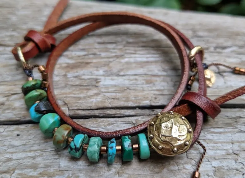 Boho Natural Turquoise Dark Brown Leather Wrap Bracelet