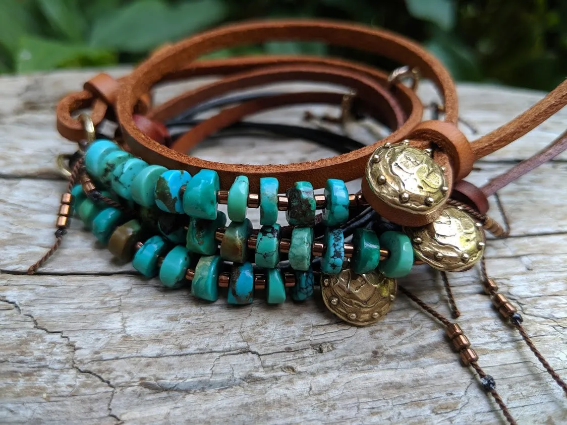 Boho Natural Turquoise Dark Brown Leather Wrap Bracelet