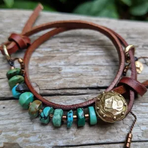 Boho Natural Turquoise Dark Brown Leather Wrap Bracelet