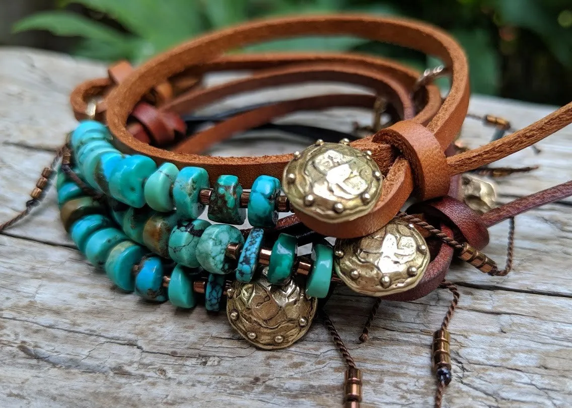 Boho Natural Turquoise Dark Brown Leather Wrap Bracelet