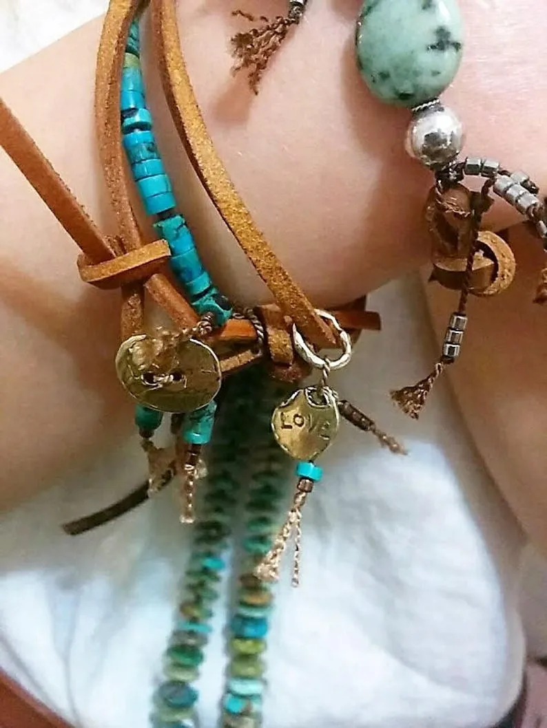 Boho Natural Turquoise Leather Wrap Bracelet