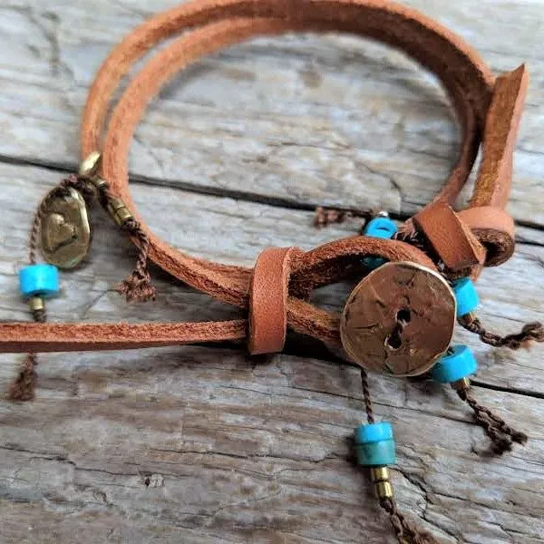 Boho Natural Turquoise Leather Wrap Bracelet