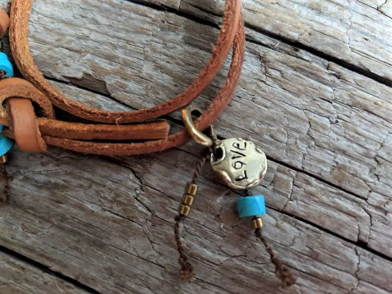 Boho Natural Turquoise Leather Wrap Bracelet