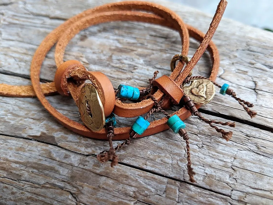 Boho Natural Turquoise Leather Wrap Bracelet