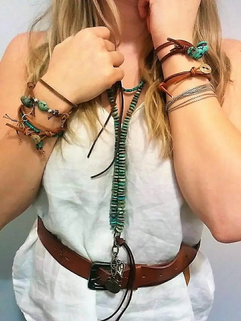 Boho Natural Turquoise Leather Wrap Bracelet