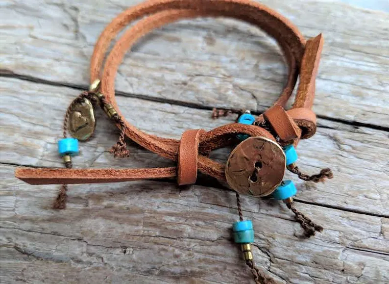 Boho Natural Turquoise Leather Wrap Bracelet