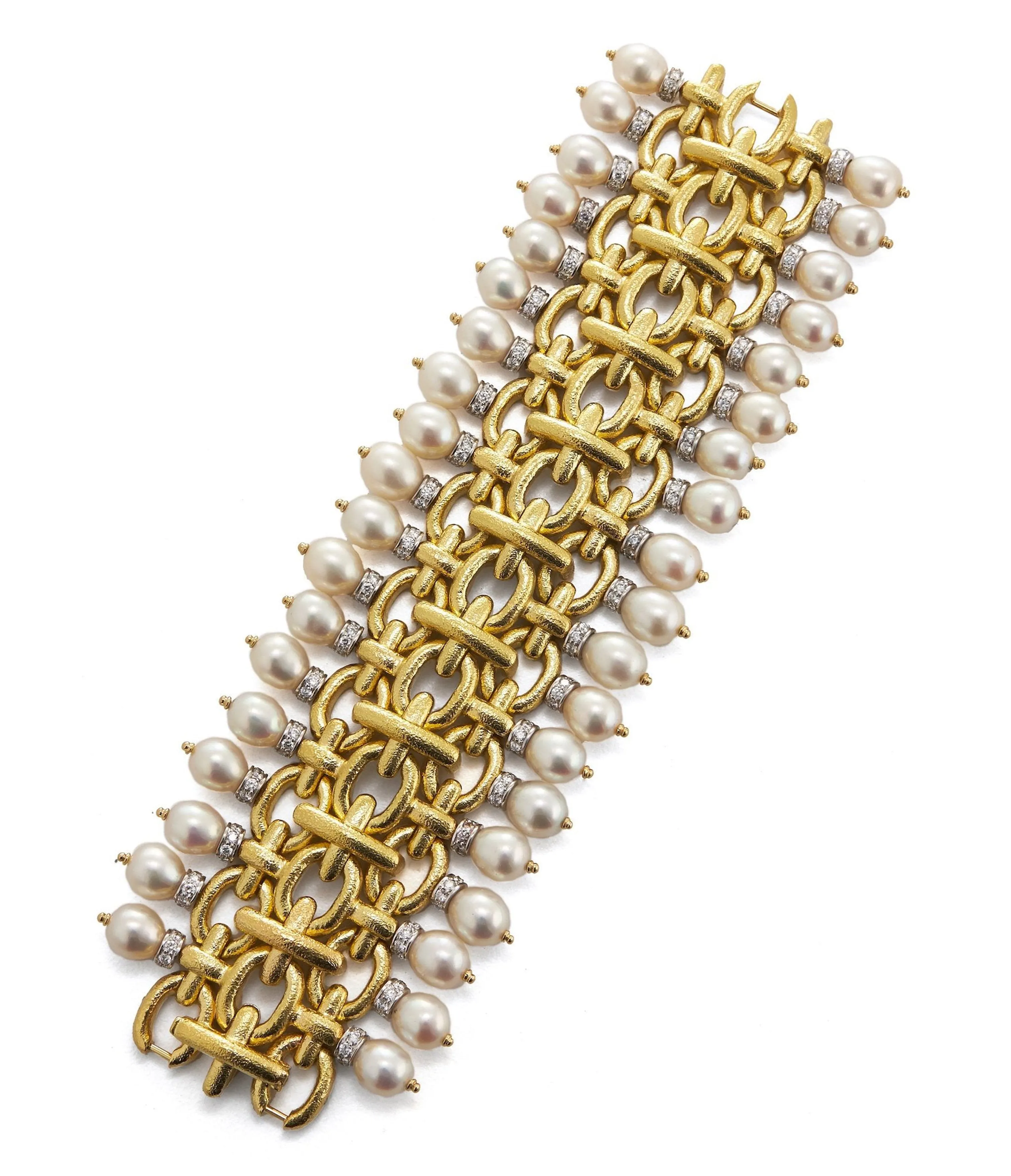 Brocade Bracelet, Hammered 18K Gold, Diamonds, Pearls