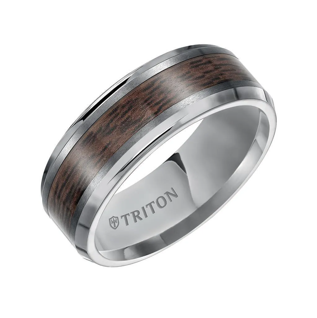 BURTON Tungsten Wedding Band with Wood Pattern Inlay and Beveled Edges - 8 mm