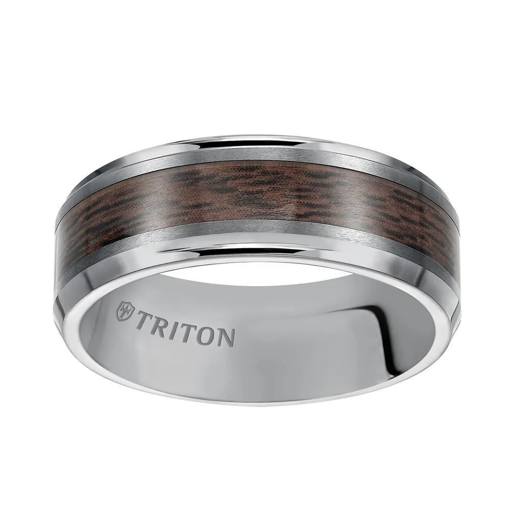 BURTON Tungsten Wedding Band with Wood Pattern Inlay and Beveled Edges - 8 mm