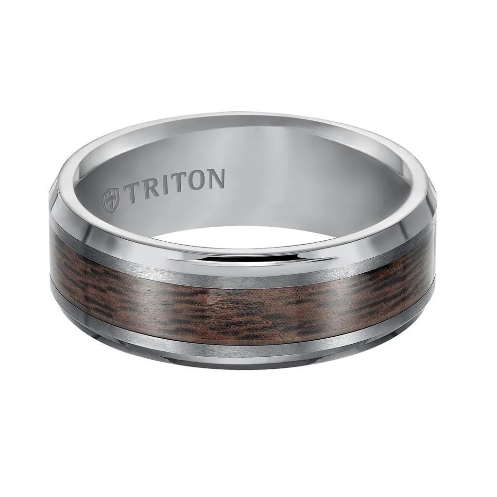 BURTON Tungsten Wedding Band with Wood Pattern Inlay and Beveled Edges - 8 mm