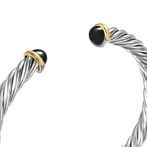 Cable Cuff Bracelet in Sterling Silver with 14K Yellow Gold and Black Onyx, 6mm