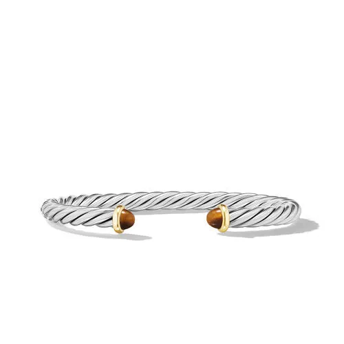 Cable Cuff Bracelet in Sterling Silver with 14K Yellow Gold and Tiger's Eye, Size Large