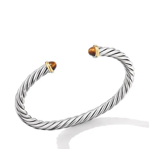 Cable Cuff Bracelet in Sterling Silver with 14K Yellow Gold and Tiger's Eye, Size Large