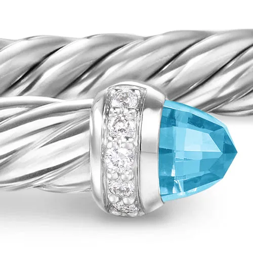 Cablespira Flex Bracelet in Sterling Silver with Blue Topaz and Diamonds, 4mm, Size Medium