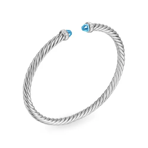 Cablespira Flex Bracelet in Sterling Silver with Blue Topaz and Diamonds, 4mm, Size Medium