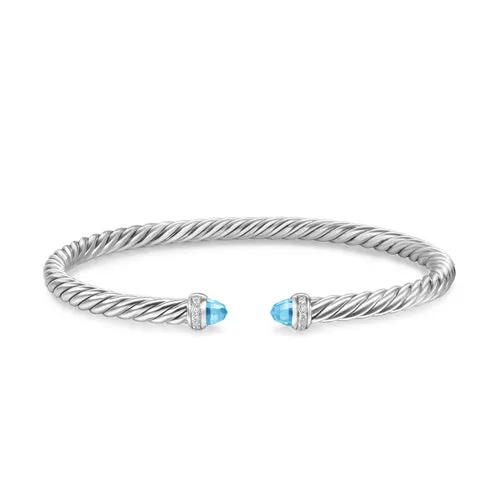 Cablespira Flex Bracelet in Sterling Silver with Blue Topaz and Diamonds, 4mm, Size Medium