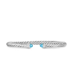 Cablespira Flex Bracelet in Sterling Silver with Blue Topaz and Diamonds, 4mm, Size Medium